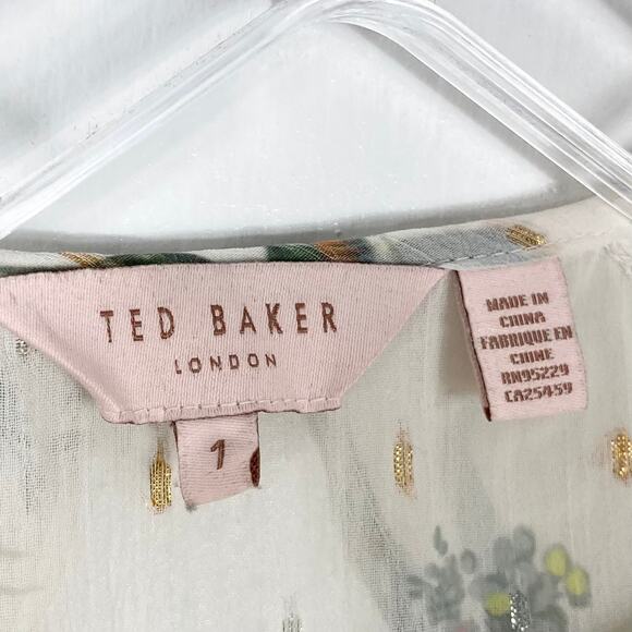 NWOT TED BAKER Top 1/4 Ivory Chiffon Hummingbird Gold Silver Swiss-Dot Long-Slv - Picture 4 of 13